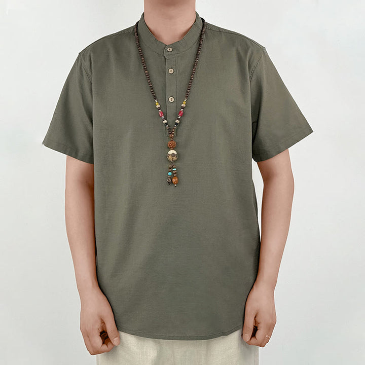 Buddha Stones Einfarbiges Herren Kurzarmhemd aus Leinen mit Knopfleiste - image 2