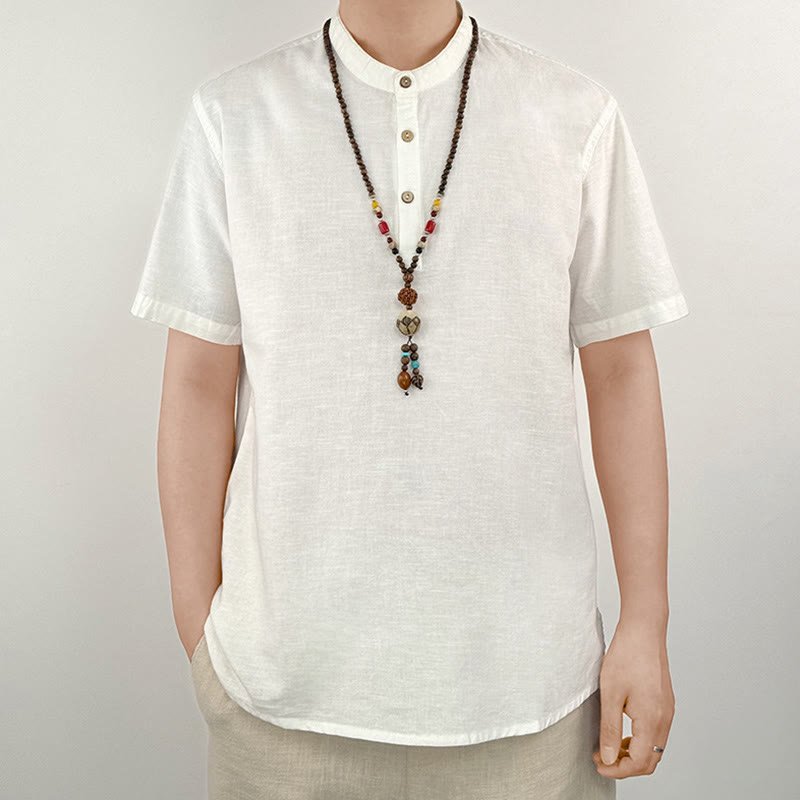 Buddha Stones Einfarbiges Herren Kurzarmhemd aus Leinen mit Knopfleiste - Weiß - US/UK/AU44, EU54 (4XL) - image 16