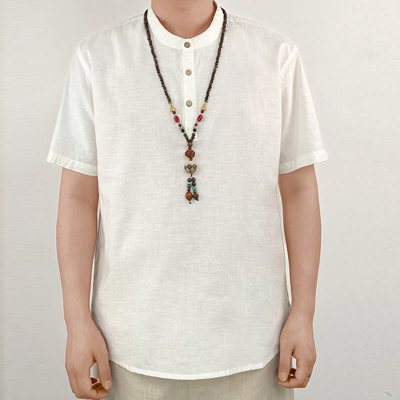 Buddha Stones Einfarbiges Herren Kurzarmhemd aus Leinen mit Knopfleiste - image 18