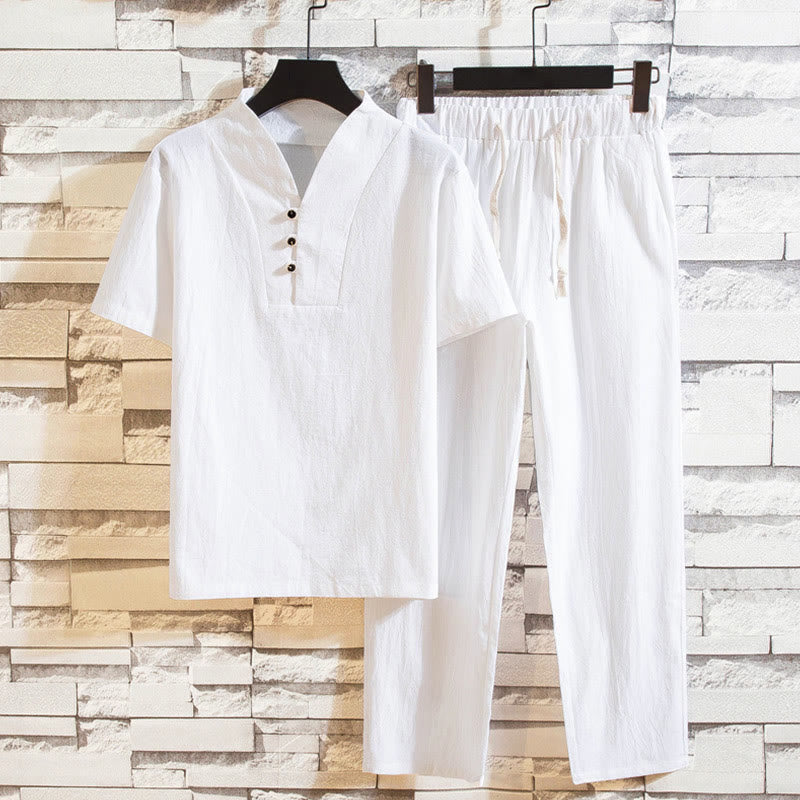 Buddha Stones 2-teiliges Herren-Set mit einfarbigen Baumwollknöpfen und kurzen Ärmeln, T-Shirt und Hose - Weiß - US/UK/AU44, EU54 (5XL) - image 0