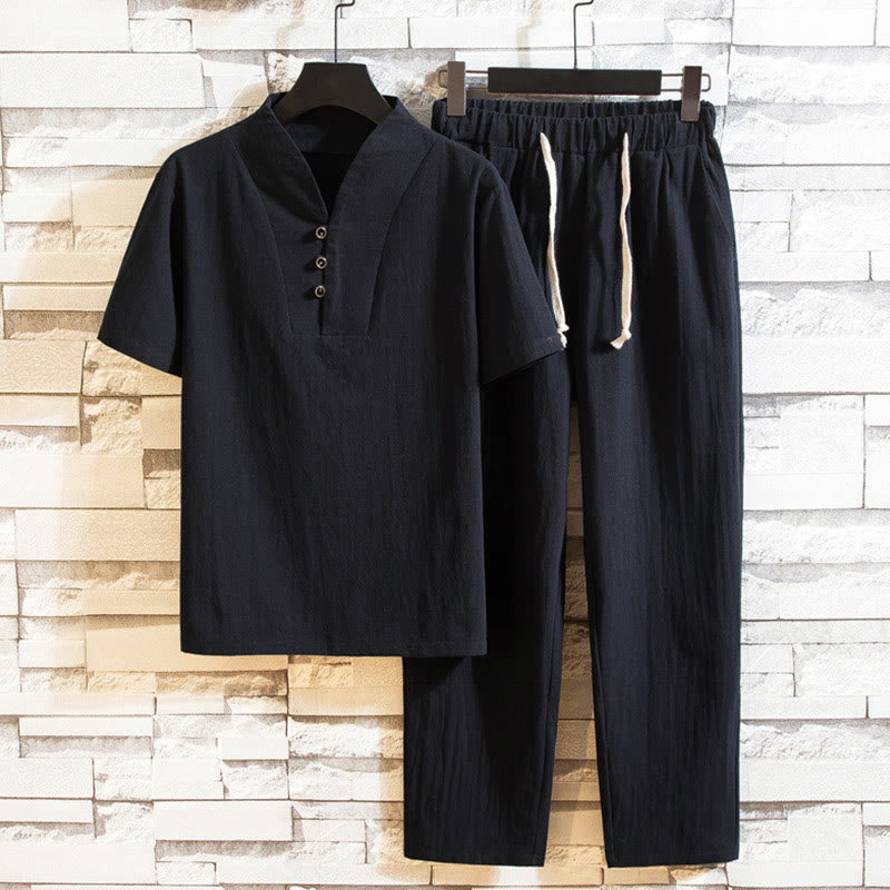 Buddha Stones 2-teiliges Herren-Set mit einfarbigen Baumwollknöpfen und kurzen Ärmeln, T-Shirt und Hose - Schwarz - US/ UK/AU46，EU56 (5XL) - image 10