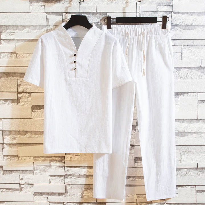 Buddha Stones 2-teiliges Herren-Set mit einfarbigen Baumwollknöpfen und kurzen Ärmeln, T-Shirt und Hose - Weiß - US/UK/AU44, EU54 (5XL) - image 0