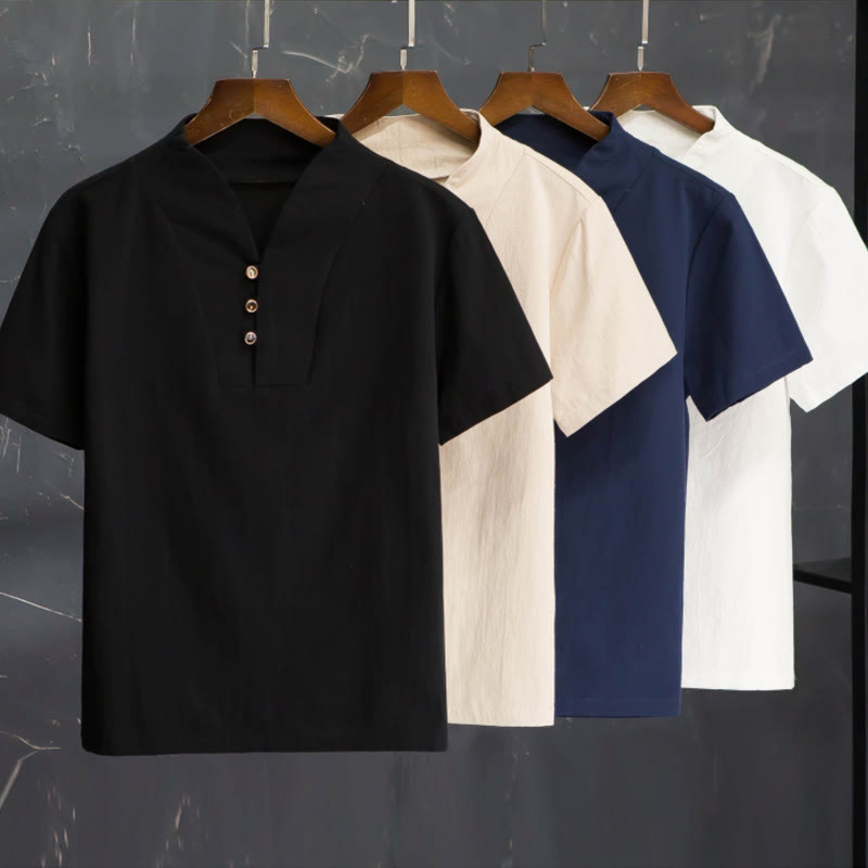 Buddha Stones 2-teiliges Herren-Set mit einfarbigen Baumwollknöpfen und kurzen Ärmeln, T-Shirt und Hose - image 1