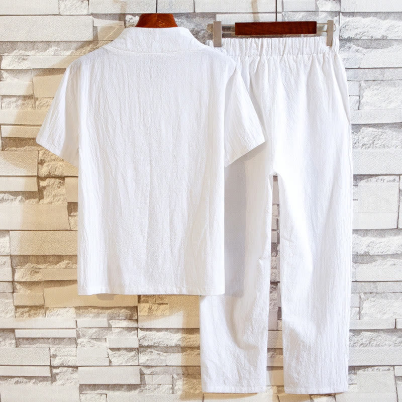 Buddha Stones 2-teiliges Herren-Set mit einfarbigen Baumwollknöpfen und kurzen Ärmeln, T-Shirt und Hose - image 2
