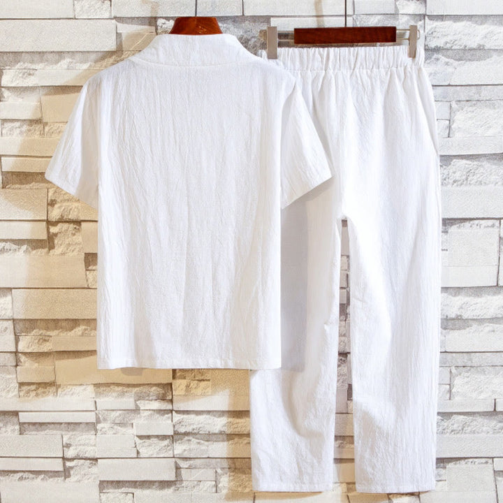 Buddha Stones 2-teiliges Herren-Set mit einfarbigen Baumwollknöpfen und kurzen Ärmeln, T-Shirt und Hose - image 2