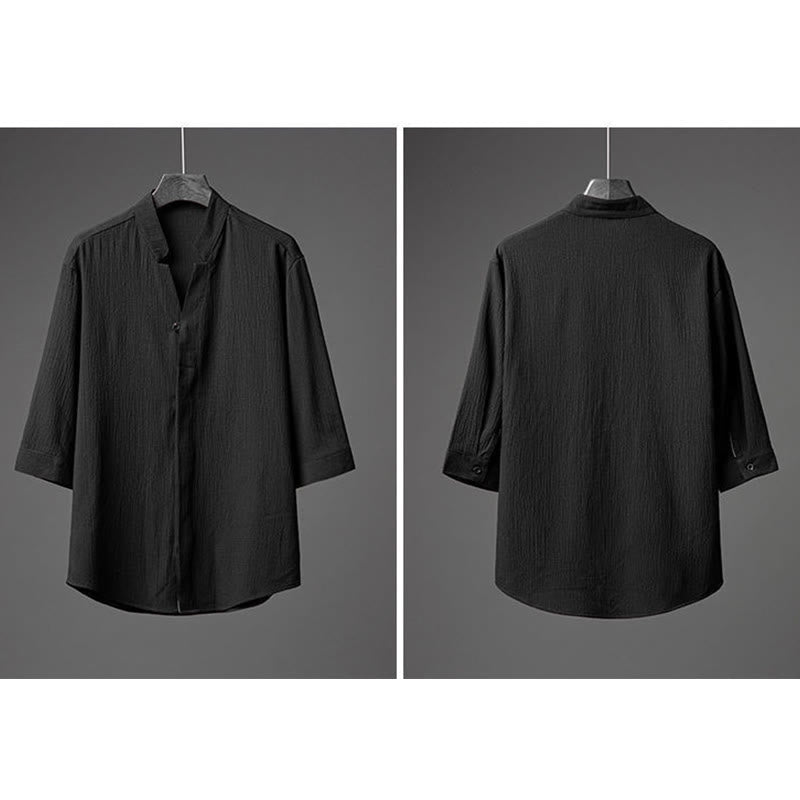 Buddha Stones 2-teiliges Herren-Set mit einfarbiger Textur, Knopfleiste, halblangen Ärmeln, Hemd und Hose - image 13