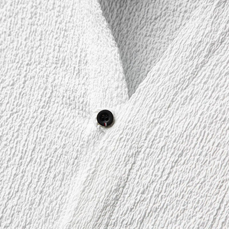 Buddha Stones 2-teiliges Herren-Set mit einfarbiger Textur, Knopfleiste, halblangen Ärmeln, Hemd und Hose - image 5