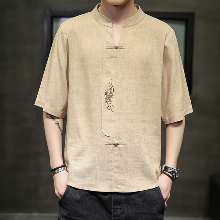 Buddha-Steine, Frosch-Knopf, Phönix-Stickerei, chinesischer Tang-Anzug, kurzärmeliges Hemd aus Baumwolle und Leinen für Herren - Biskuit - US/ UK/AU46, EU56 (5XL) - image 10