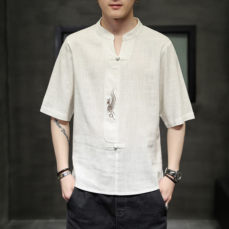 Buddha-Steine, Frosch-Knopf, Phönix-Stickerei, chinesischer Tang-Anzug, kurzärmeliges Hemd aus Baumwolle und Leinen für Herren - image 1