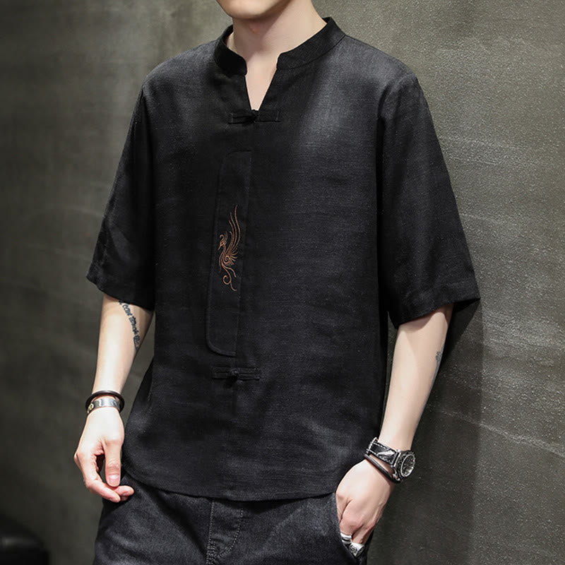 Buddha-Steine, Frosch-Knopf, Phönix-Stickerei, chinesischer Tang-Anzug, kurzärmeliges Hemd aus Baumwolle und Leinen für Herren - image 19