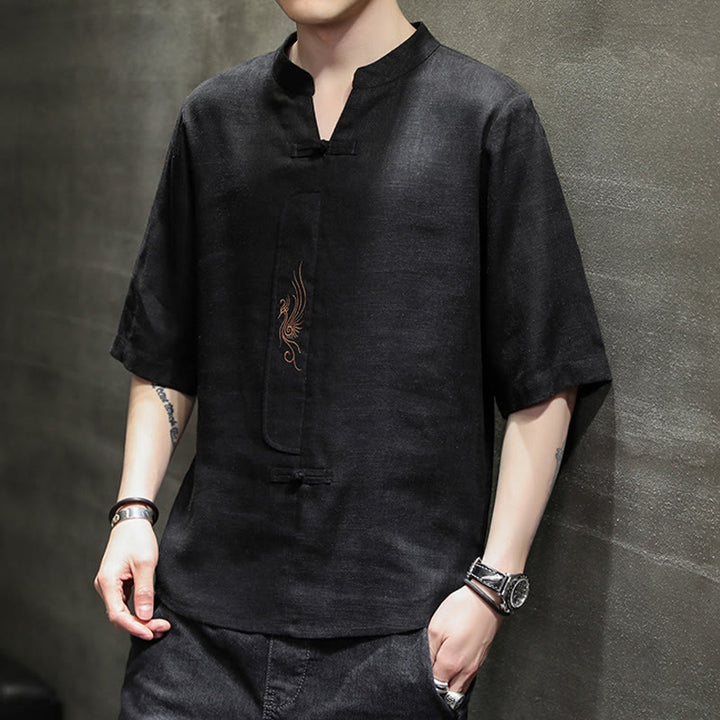 Buddha-Steine, Frosch-Knopf, Phönix-Stickerei, chinesischer Tang-Anzug, kurzärmeliges Hemd aus Baumwolle und Leinen für Herren - image 19