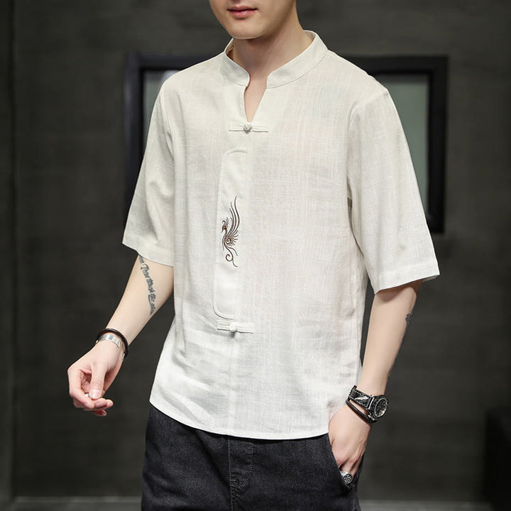 Buddha-Steine, Frosch-Knopf, Phönix-Stickerei, chinesischer Tang-Anzug, kurzärmeliges Hemd aus Baumwolle und Leinen für Herren - image 6