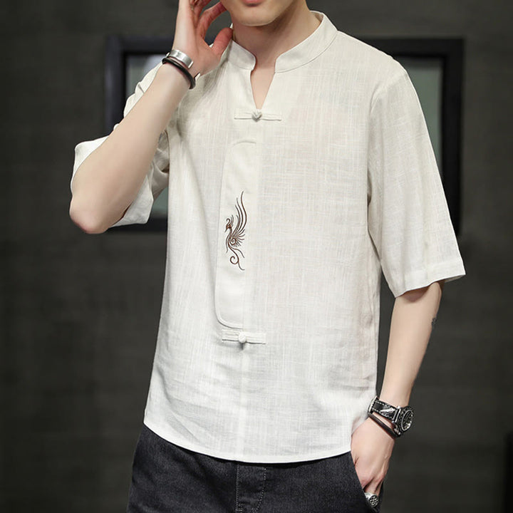 Buddha-Steine, Frosch-Knopf, Phönix-Stickerei, chinesischer Tang-Anzug, kurzärmeliges Hemd aus Baumwolle und Leinen für Herren - image 5