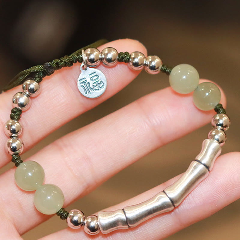 Buddha Stones 925 Sterling Silber Natur Jade Fu Charakter Bambus Fülle Armband - image 2