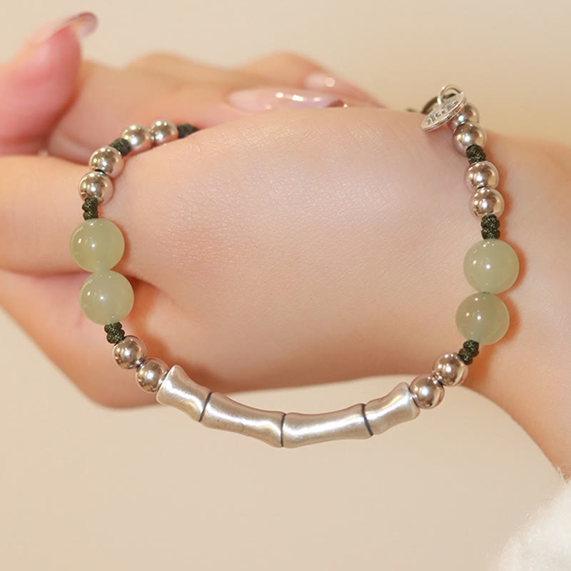 Buddha Stones 925 Sterling Silber Natur Jade Fu Charakter Bambus Fülle Armband