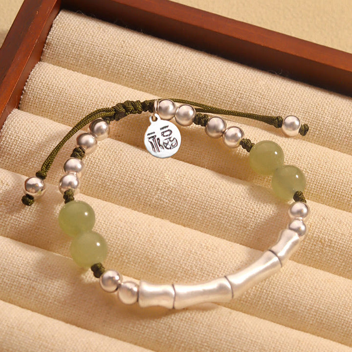 Buddha Stones 925 Sterling Silber Natur Jade Fu Charakter Bambus Fülle Armband - Jade (Handgelenkumfang 14-19 cm) - image 0
