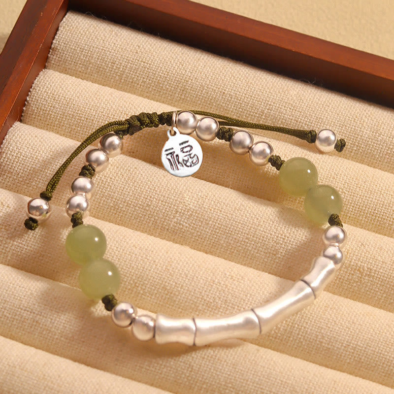Buddha Stones 925 Sterling Silber Natur Jade Fu Charakter Bambus Fülle Armband - Jade (Handgelenkumfang 14-19 cm) - image 0