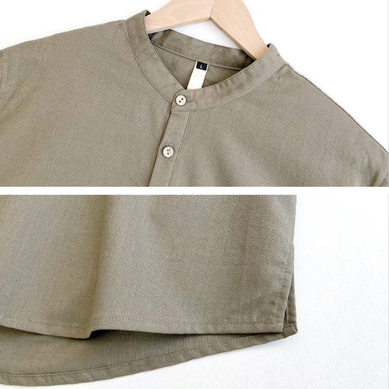 Buddha Stones Einfarbiges Herren Kurzarmhemd aus Leinen mit Knopfleiste - image 5