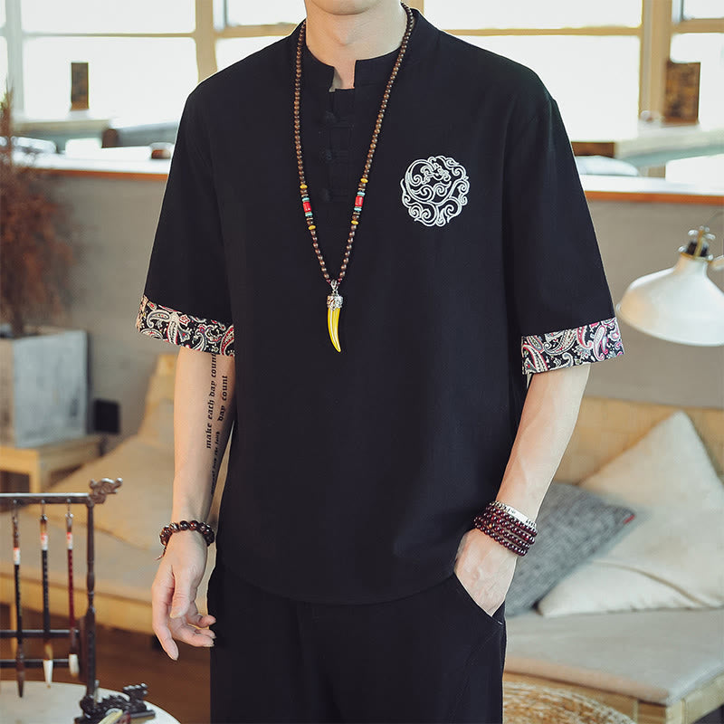Buddha-Steine, Frosch-Knopf, Drachen-Stickerei, chinesischer Tang-Anzug, kurzärmeliges Hemd, Leinen, Herrenbekleidung - Schwarz - US/ UK/AU46, EU56 (5XL)  - image 25