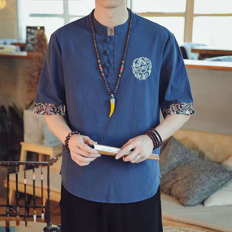 Buddha-Steine, Frosch-Knopf, Drachen-Stickerei, chinesischer Tang-Anzug, kurzärmeliges Hemd, Leinen, Herrenbekleidung - Stahlblau - US/ UK/AU46，EU56 (5XL)  - image 33