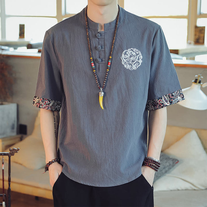 Buddha-Steine, Frosch-Knopf, Drachen-Stickerei, chinesischer Tang-Anzug, kurzärmeliges Hemd, Leinen, Herrenbekleidung - Grau - US/ UK/AU46, EU56 (5XL)  - image 0
