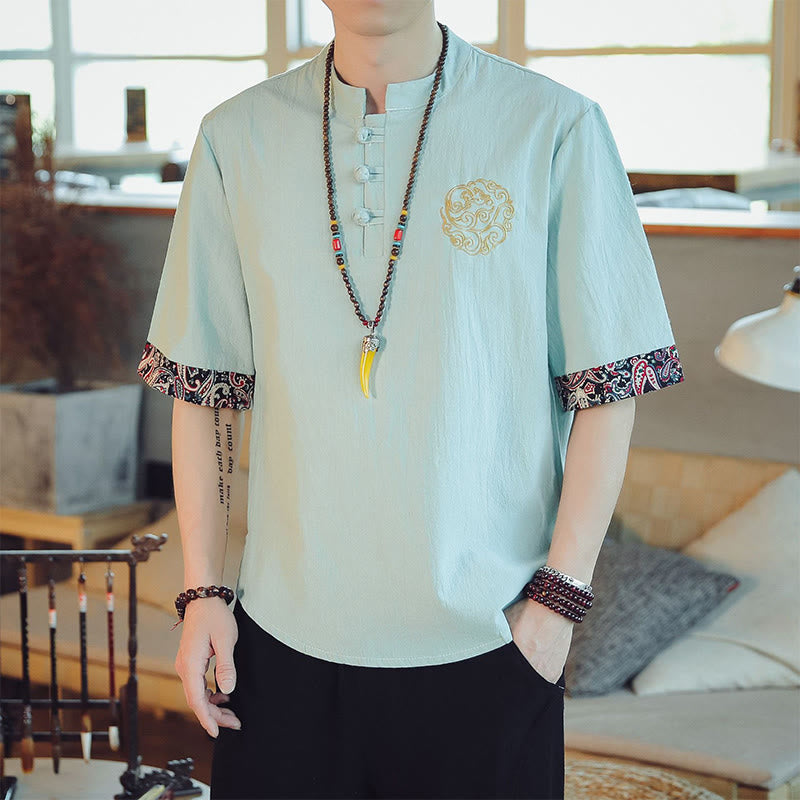 Buddha-Steine, Frosch-Knopf, Drachen-Stickerei, chinesischer Tang-Anzug, kurzärmeliges Hemd, Leinen, Herrenbekleidung - Minzcreme - US/ UK/AU46, EU56 (5XL)  - image 11