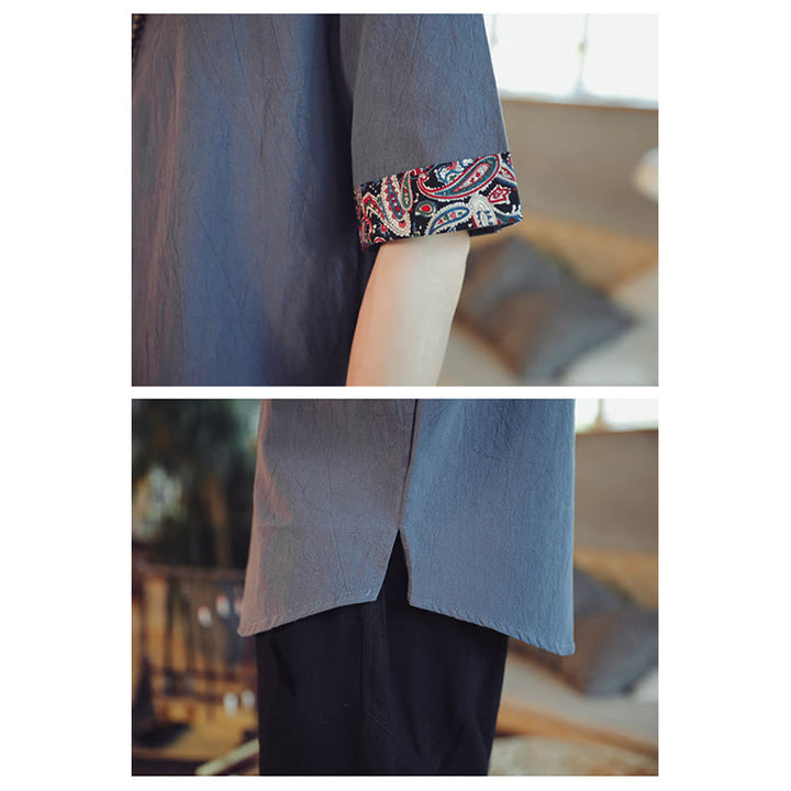 Buddha-Steine, Frosch-Knopf, Drachen-Stickerei, chinesischer Tang-Anzug, kurzärmeliges Hemd, Leinen, Herrenbekleidung - image 10