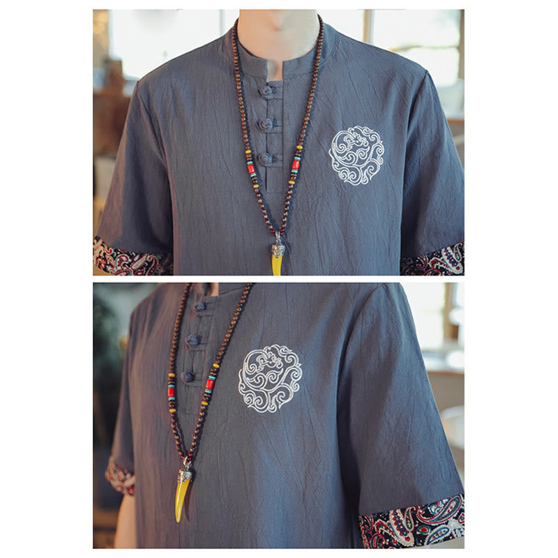 Buddha-Steine, Frosch-Knopf, Drachen-Stickerei, chinesischer Tang-Anzug, kurzärmeliges Hemd, Leinen, Herrenbekleidung - image 9