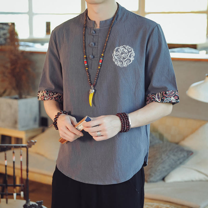 Buddha-Steine, Frosch-Knopf, Drachen-Stickerei, chinesischer Tang-Anzug, kurzärmeliges Hemd, Leinen, Herrenbekleidung - image 1