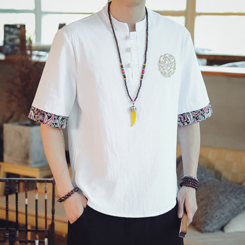 Buddha-Steine, Frosch-Knopf, Drachen-Stickerei, chinesischer Tang-Anzug, kurzärmeliges Hemd, Leinen, Herrenbekleidung - image 19