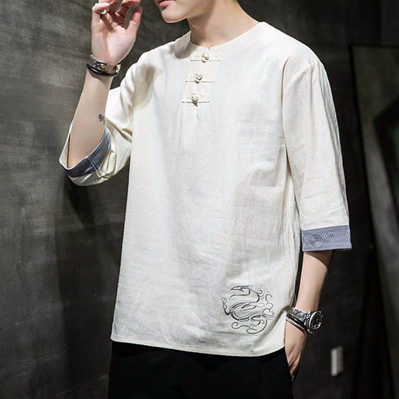 Buddha-Steine, Frosch-Knopf, Drachen-Stickerei, chinesischer Tang-Anzug, Dreiviertelärmel, Hemd aus Baumwolle und Leinen, Herrenbekleidung - image 1