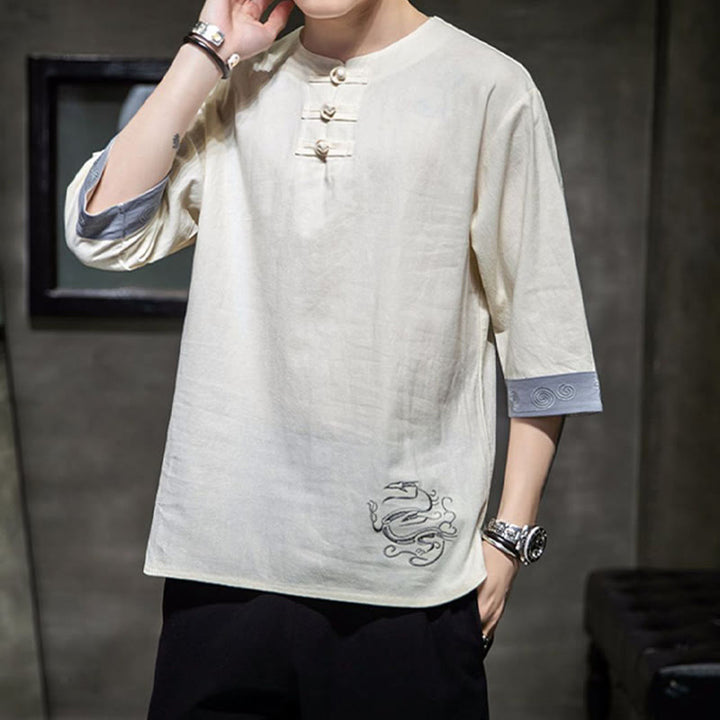 Buddha-Steine, Frosch-Knopf, Drachen-Stickerei, chinesischer Tang-Anzug, Dreiviertelärmel, Hemd aus Baumwolle und Leinen, Herrenbekleidung - image 10