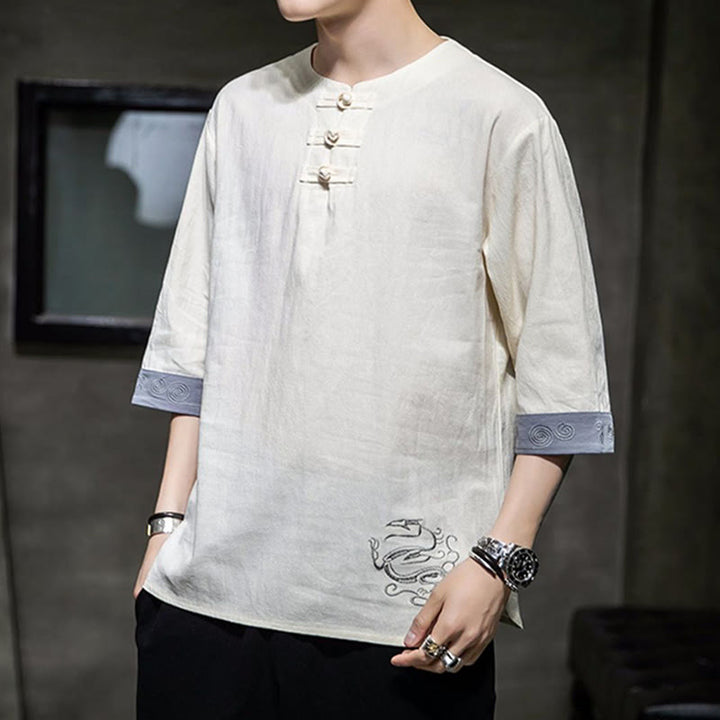 Buddha-Steine, Frosch-Knopf, Drachen-Stickerei, chinesischer Tang-Anzug, Dreiviertelärmel, Hemd aus Baumwolle und Leinen, Herrenbekleidung - image 6