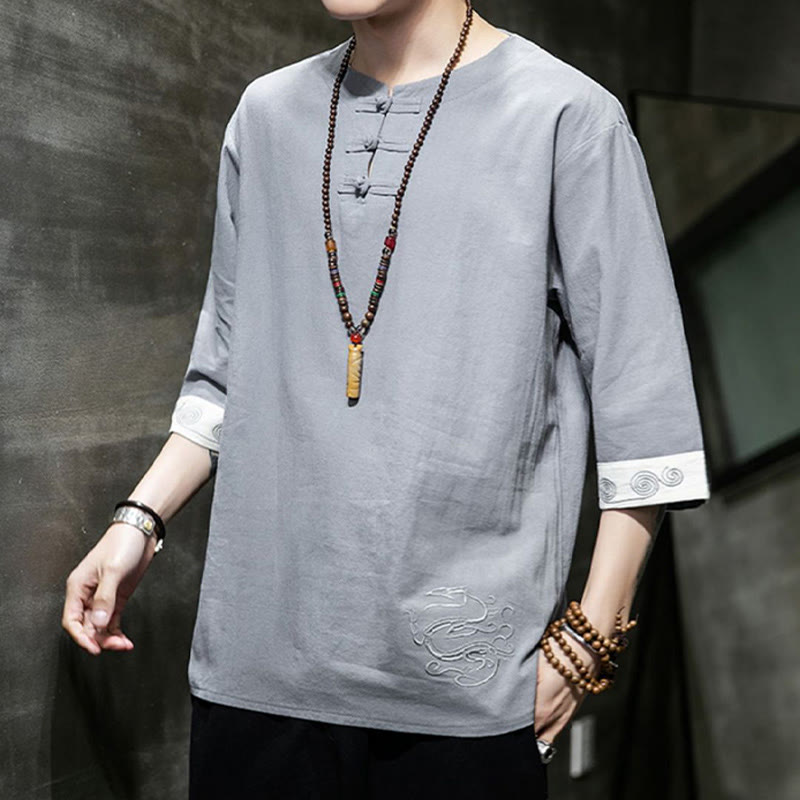 Buddha-Steine, Frosch-Knopf, Drachen-Stickerei, chinesischer Tang-Anzug, Dreiviertelärmel, Hemd aus Baumwolle und Leinen, Herrenbekleidung - image 17