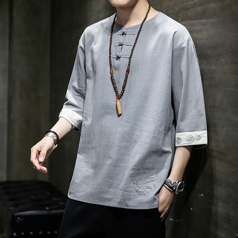 Buddha-Steine, Frosch-Knopf, Drachen-Stickerei, chinesischer Tang-Anzug, Dreiviertelärmel, Hemd aus Baumwolle und Leinen, Herrenbekleidung - image 16