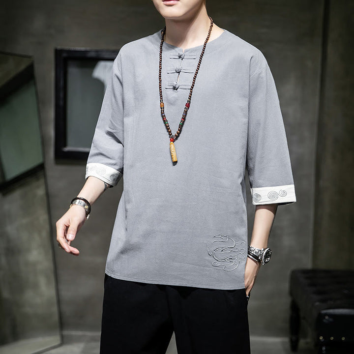 Buddha-Steine, Frosch-Knopf, Drachen-Stickerei, chinesischer Tang-Anzug, Dreiviertelärmel, Hemd aus Baumwolle und Leinen, Herrenbekleidung - image 18