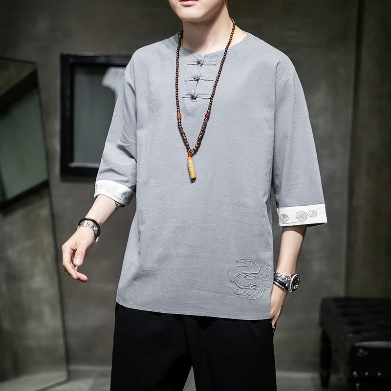 Buddha-Steine, Frosch-Knopf, Drachen-Stickerei, chinesischer Tang-Anzug, Dreiviertelärmel, Hemd aus Baumwolle und Leinen, Herrenbekleidung - image 18