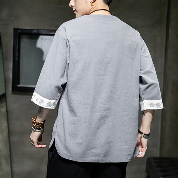 Buddha-Steine, Frosch-Knopf, Drachen-Stickerei, chinesischer Tang-Anzug, Dreiviertelärmel, Hemd aus Baumwolle und Leinen, Herrenbekleidung - image 14