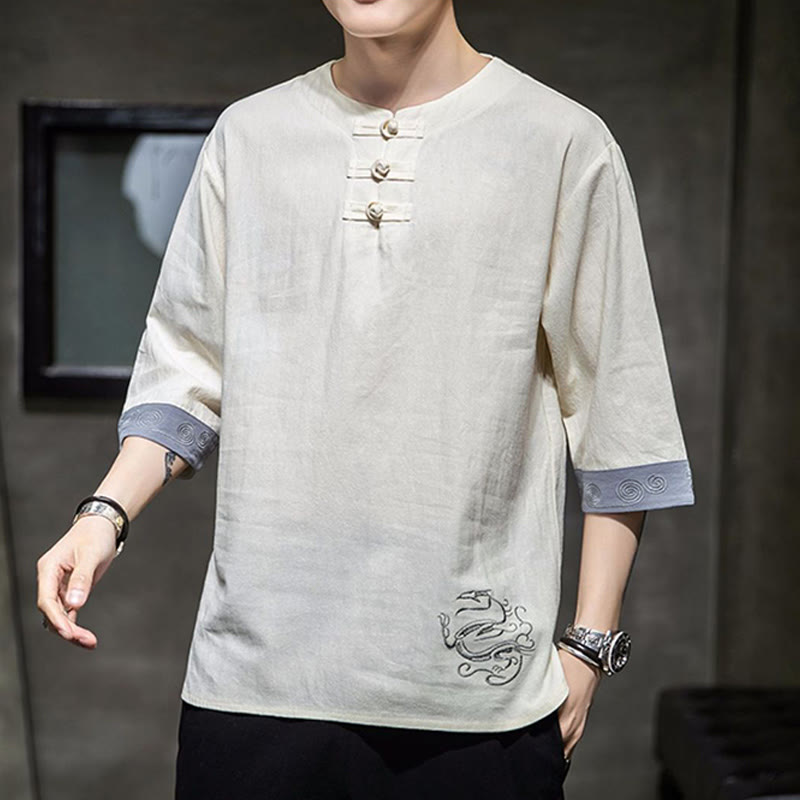 Buddha-Steine, Frosch-Knopf, Drachen-Stickerei, chinesischer Tang-Anzug, Dreiviertelärmel, Hemd aus Baumwolle und Leinen, Herrenbekleidung - image 7