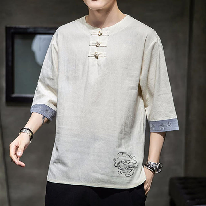 Buddha-Steine, Frosch-Knopf, Drachen-Stickerei, chinesischer Tang-Anzug, Dreiviertelärmel, Hemd aus Baumwolle und Leinen, Herrenbekleidung - image 7