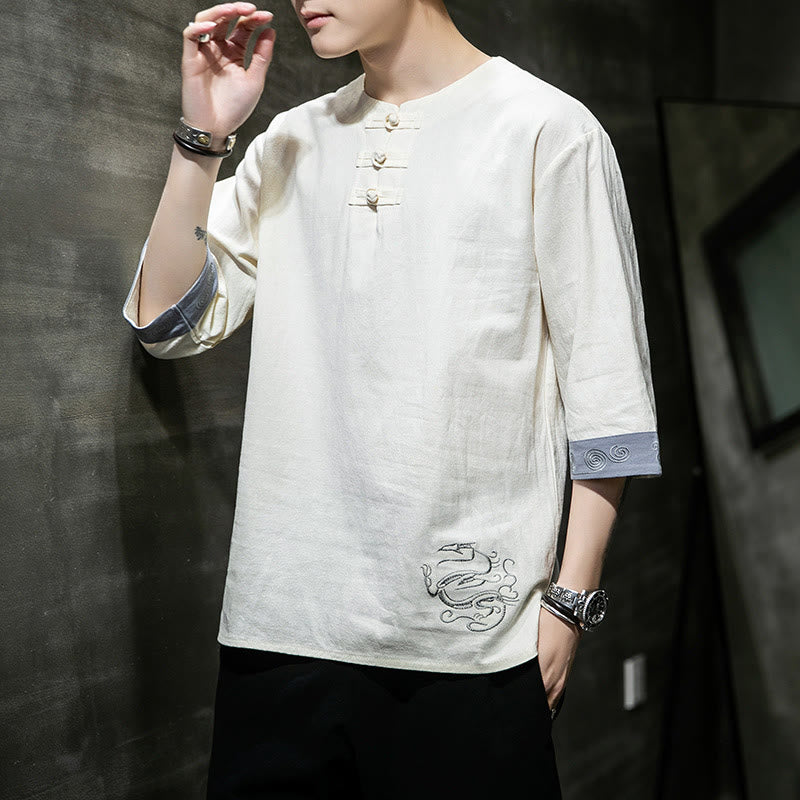 Buddha-Steine, Frosch-Knopf, Drachen-Stickerei, chinesischer Tang-Anzug, Dreiviertelärmel, Hemd aus Baumwolle und Leinen, Herrenbekleidung - image 9