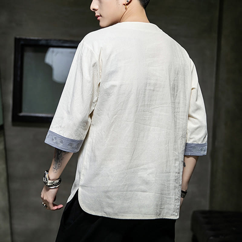 Buddha-Steine, Frosch-Knopf, Drachen-Stickerei, chinesischer Tang-Anzug, Dreiviertelärmel, Hemd aus Baumwolle und Leinen, Herrenbekleidung - image 2