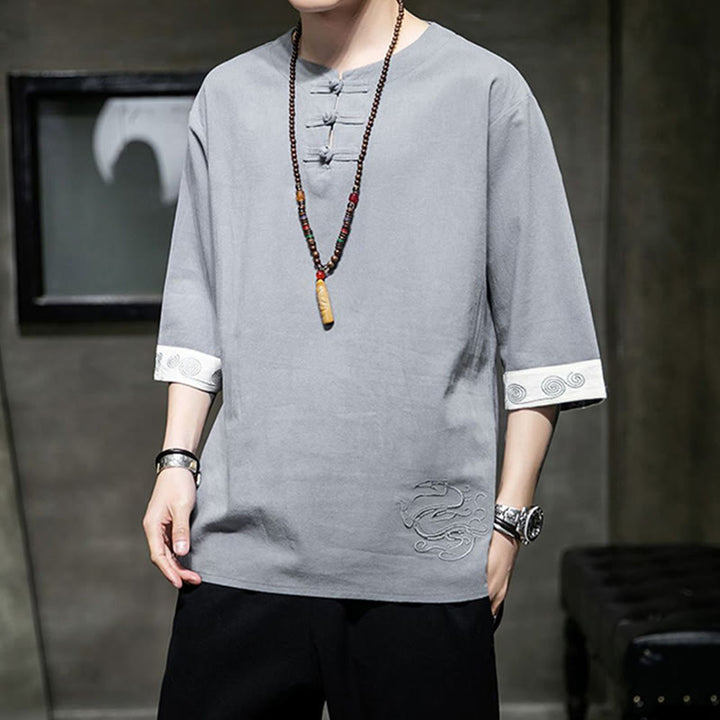 Buddha-Steine, Frosch-Knopf, Drachen-Stickerei, chinesischer Tang-Anzug, Dreiviertelärmel, Hemd aus Baumwolle und Leinen, Herrenbekleidung - image 13