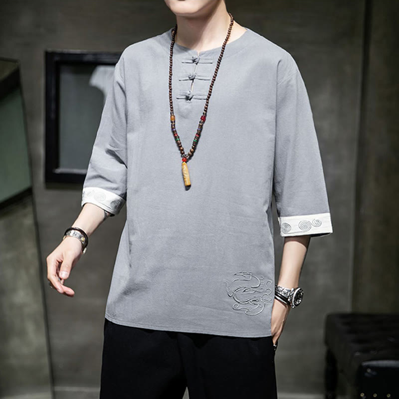 Buddha-Steine, Frosch-Knopf, Drachen-Stickerei, chinesischer Tang-Anzug, Dreiviertelärmel, Hemd aus Baumwolle und Leinen, Herrenbekleidung - image 21