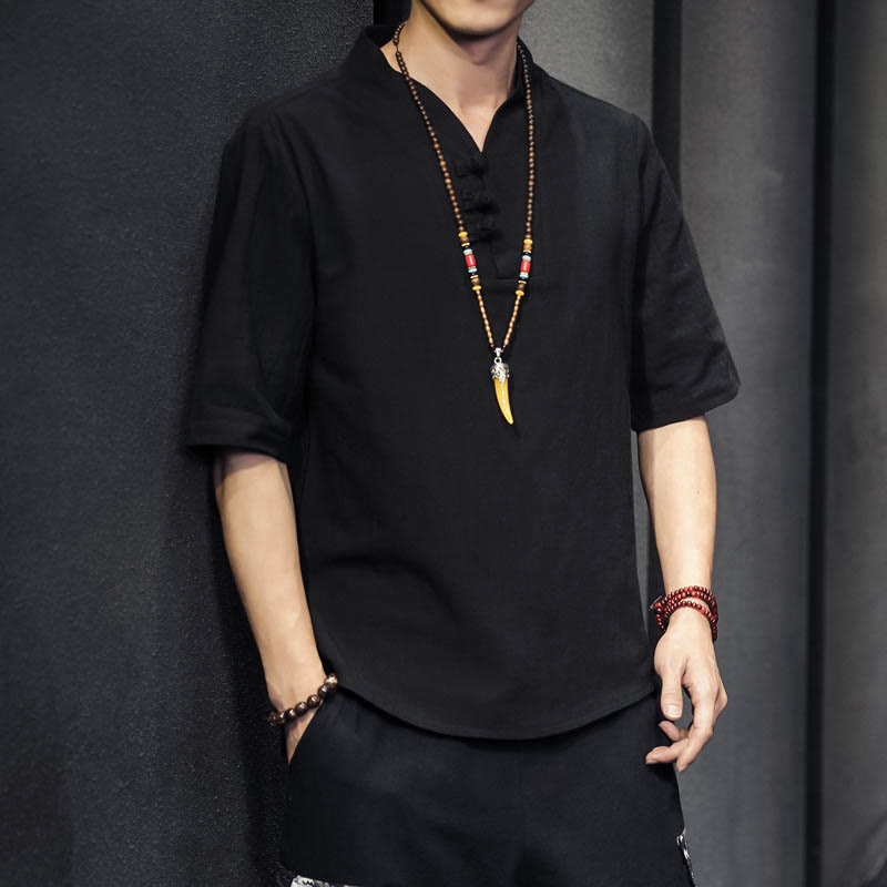 Buddha Stones Casual Sommer Halbarmhemd Baumwolle Herrenbekleidung - Schwarz - US/ UK/AU46, EU56 (5XL) - image 8