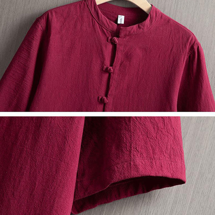 Buddha Stones Frosch-Knopf Plain Chinesischer Tang-Anzug Kurzarmhemd Baumwolle Leinen Herren Kleidung - image 3