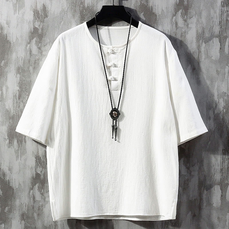 Buddha Stones Frog-Button Einfarbig Chinesischer Tang-Anzug Halbarmhemd Leinen Herrenbekleidung - Weiß - US/ UK/AU46, EU56 (5XL)  - image 1