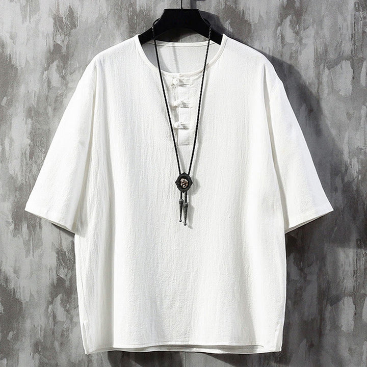 Buddha Stones Frog-Button Einfarbig Chinesischer Tang-Anzug Halbarmhemd Leinen Herrenbekleidung - Weiß - US/ UK/AU46, EU56 (5XL)  - image 1