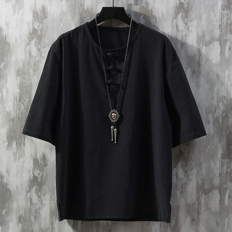 Buddha Stones Frog-Button Einfarbig Chinesischer Tang-Anzug Halbarmhemd Leinen Herrenbekleidung - Schwarz - US/ UK/AU46, EU56 (5XL)  - image 4