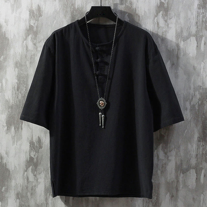 Buddha Stones Frog-Button Einfarbig Chinesischer Tang-Anzug Halbarmhemd Leinen Herrenbekleidung - Schwarz - US/ UK/AU46, EU56 (5XL)  - image 4